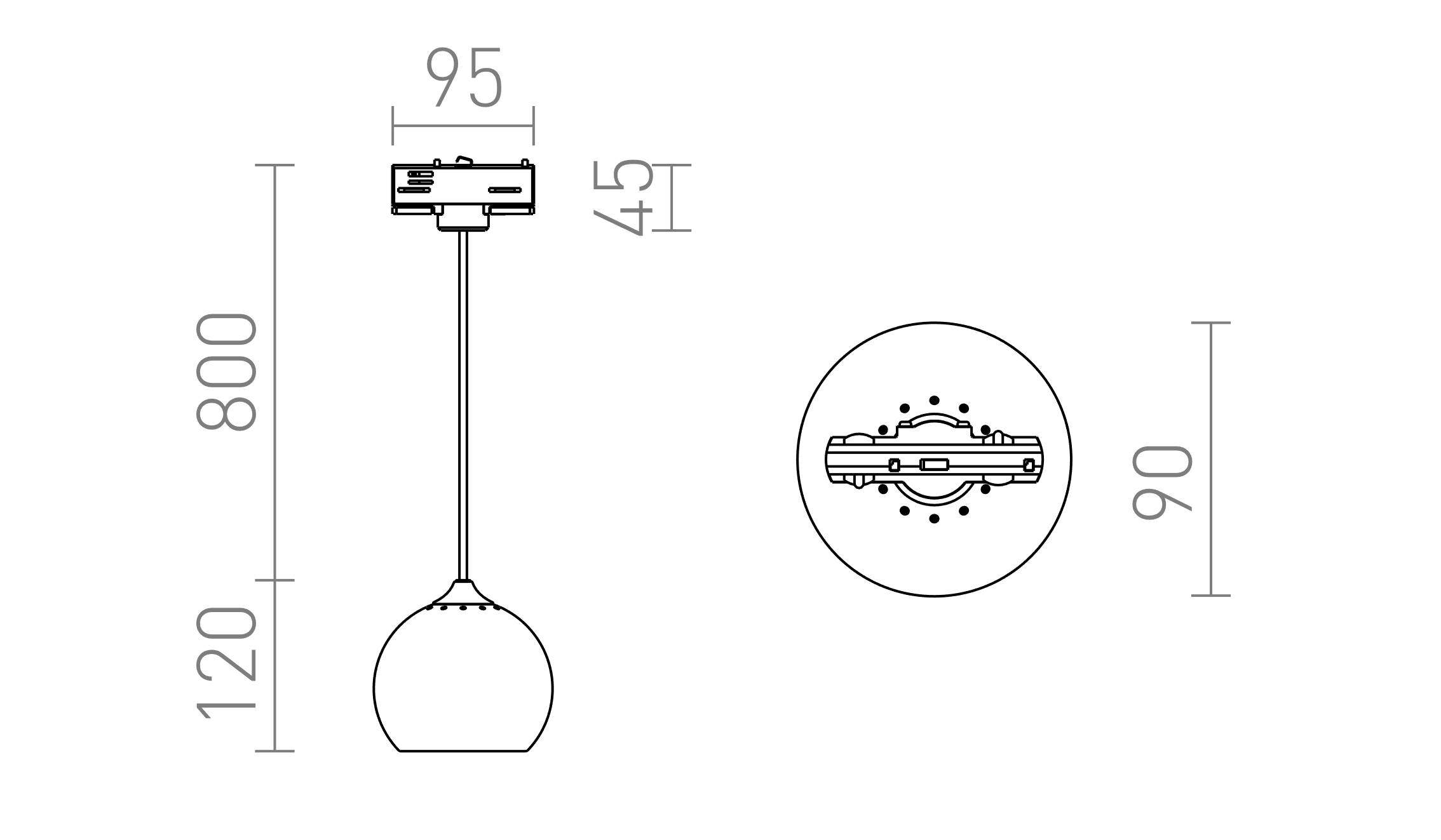 Termék vázlat – LEDRA DESTY háromáramkörös sínre fekete króm 230V GU10 35W