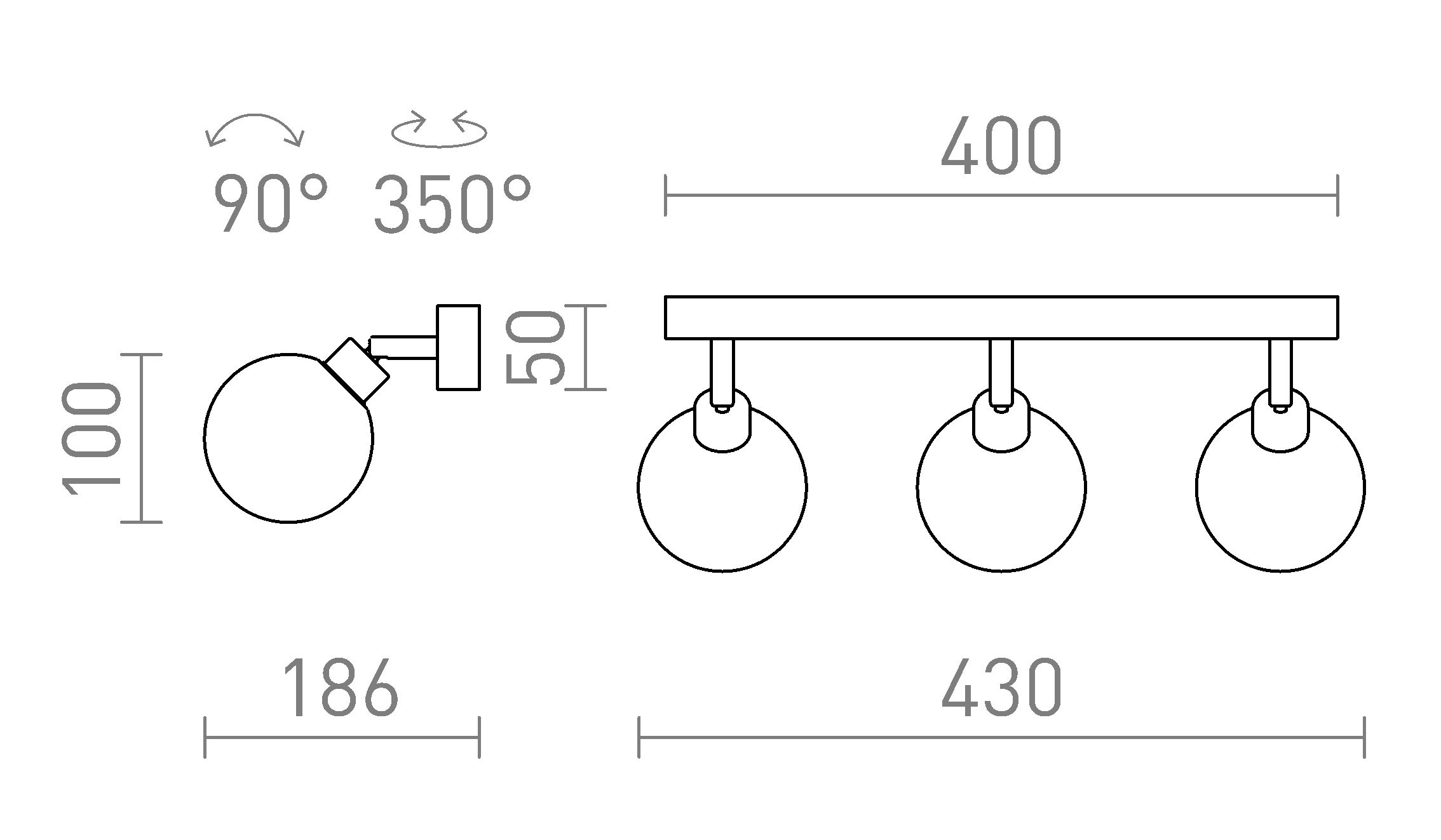 Termék vázlat – LEDRA BOLLY III felületre szerelhető opálüveg/króm 230V LED G9 3x3W IP44