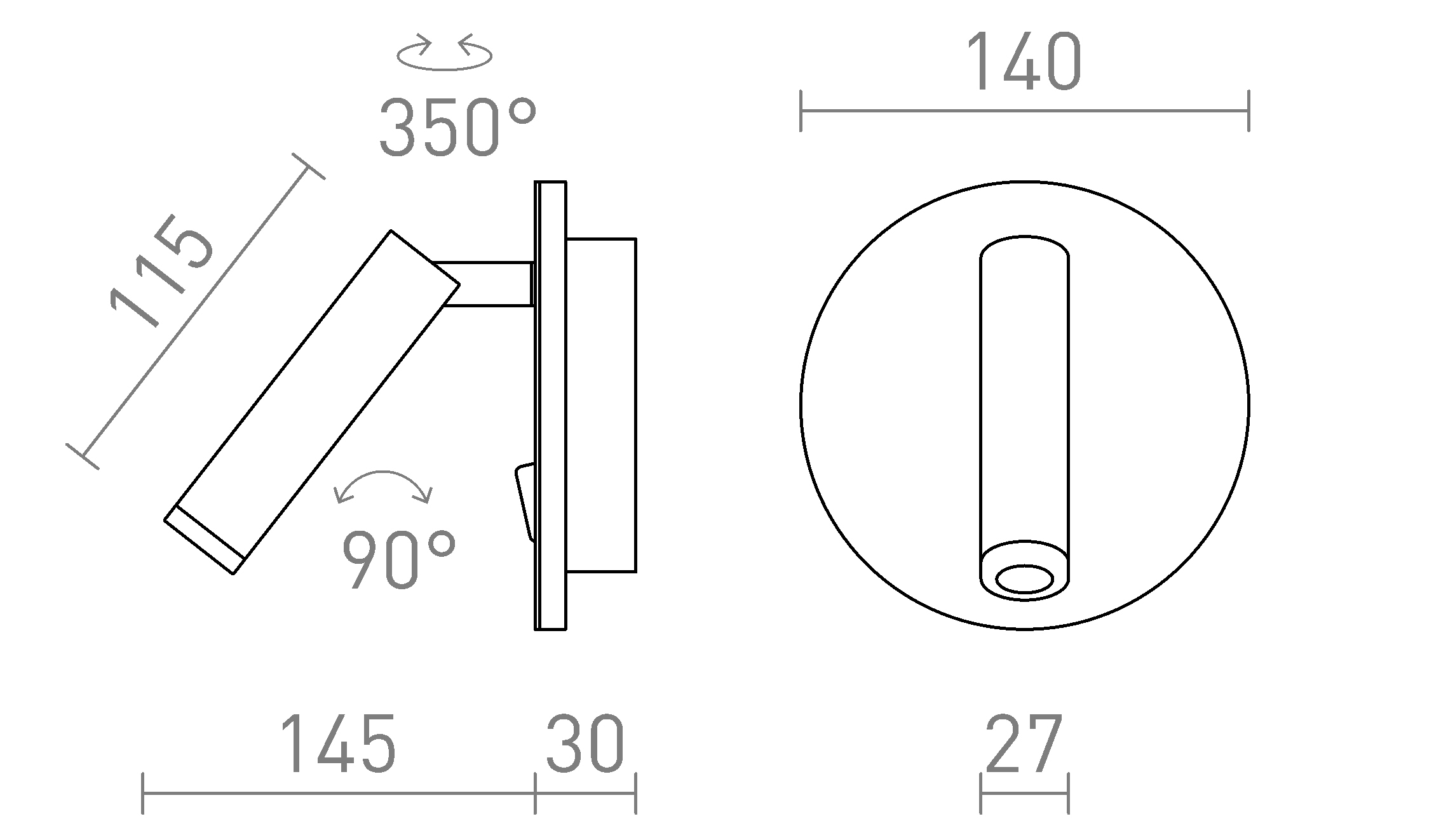 Termék vázlat – LEDRA THALIA fali lámpa fekete szatinált akril 230V LED 6+3W 3000K