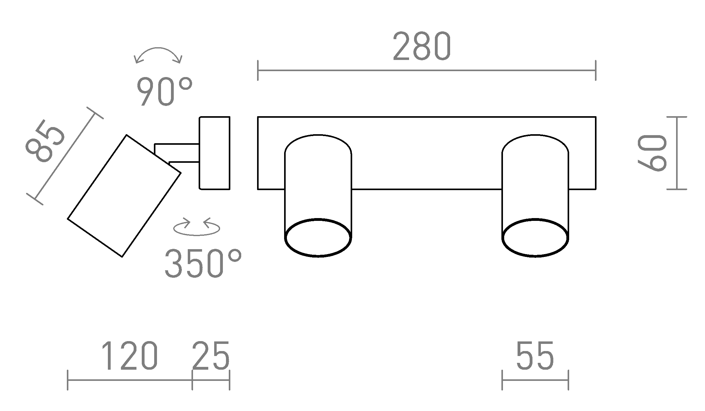 Termék vázlat – LEDRA DUDE II felületre szerelhető fehér 230V LED GU10 2x9W