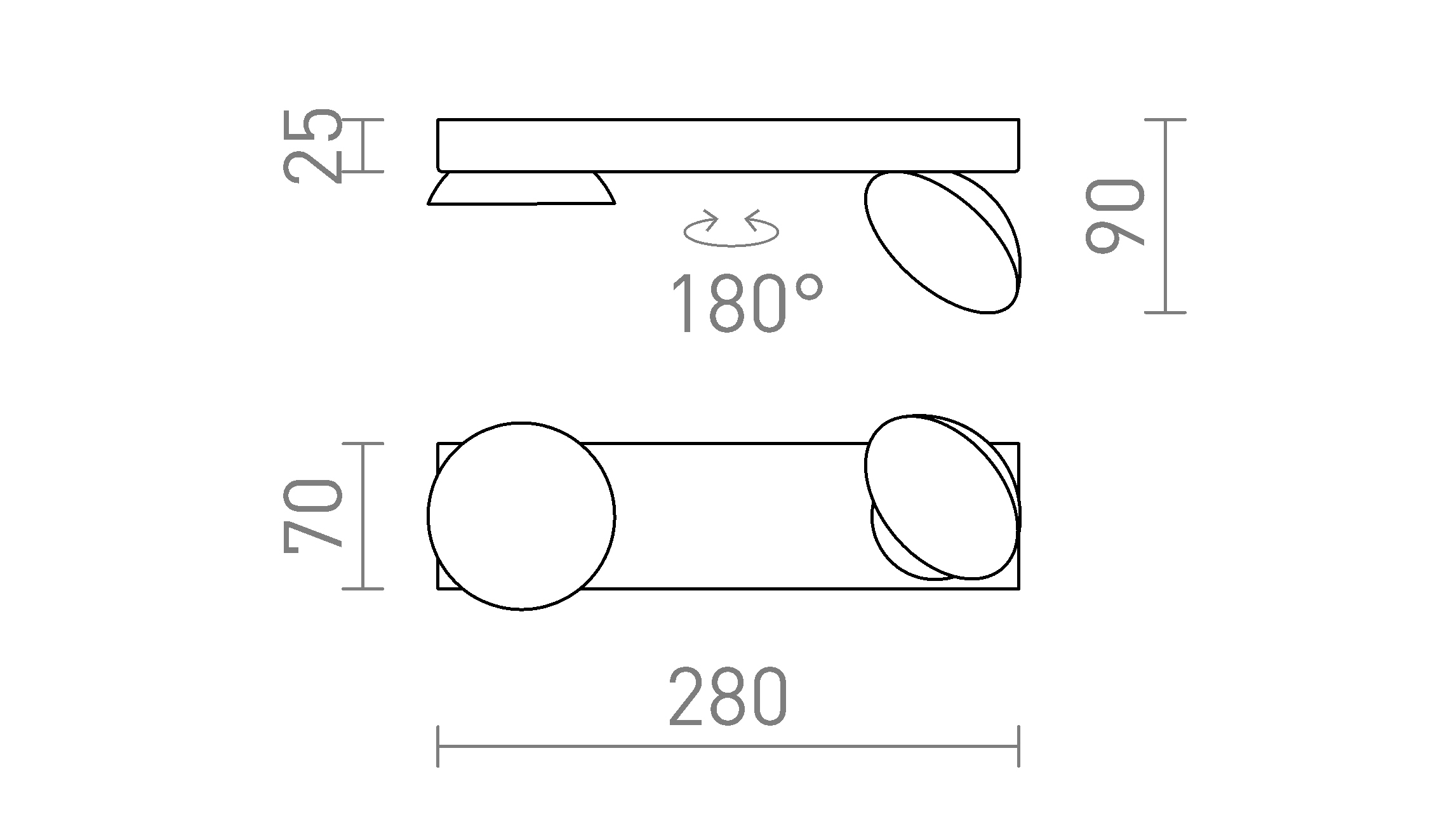 Termék vázlat – LEDRA ELISEO II felületre szerelhető fekete 230V LED 2x5W 3000K