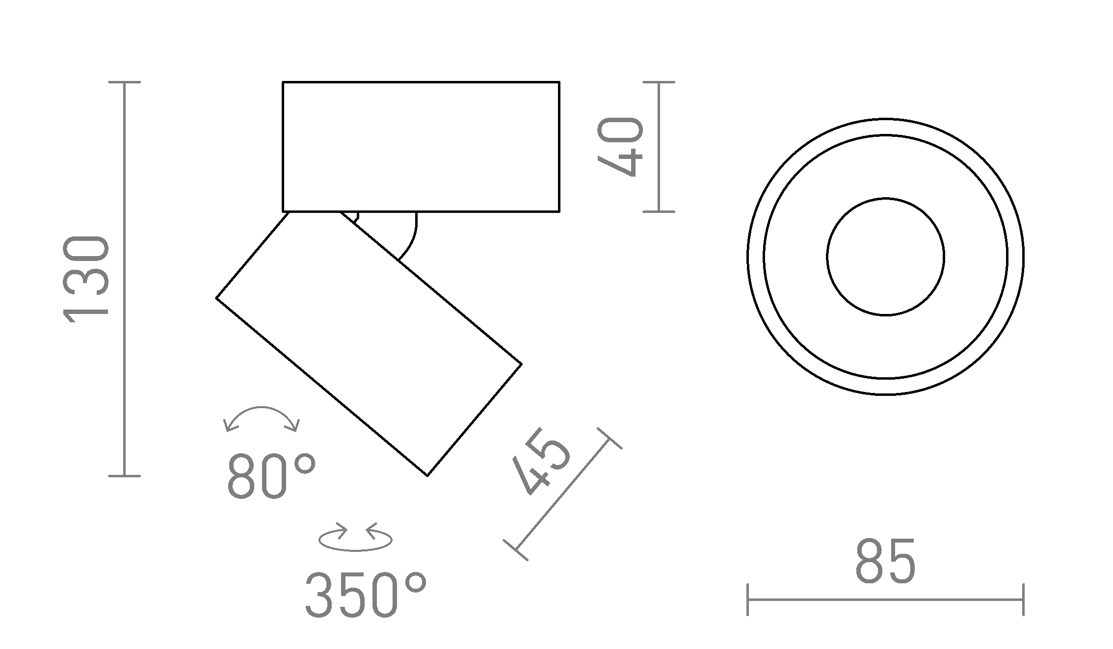 Termék vázlat – LEDRA ALBANO felületre szerelhető fekete/aranysárga 230V LED 5W 24° 3000K