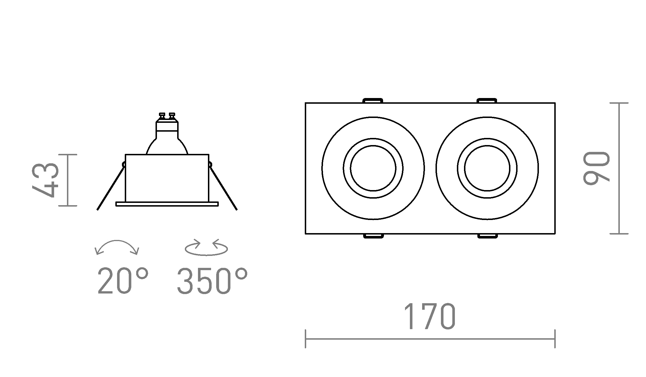 Termék vázlat – LEDRA GALO II süllyesztett lámpa fekete 230V LED GU10 9W IP65
