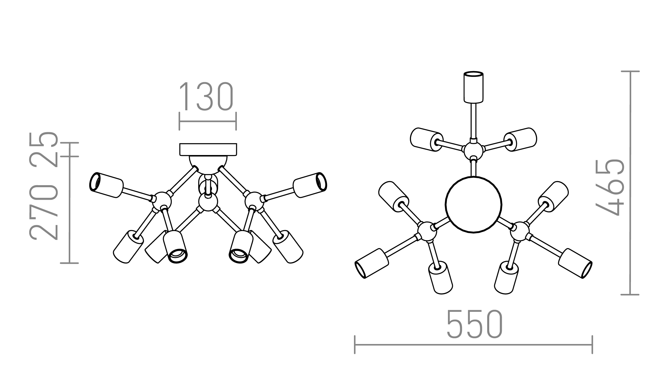 Termék vázlat – LEDRA ARTEMIA 9 mennyezeti lámpa fekete szálcsiszolt sárgaréz 230V LED E27 9x15W