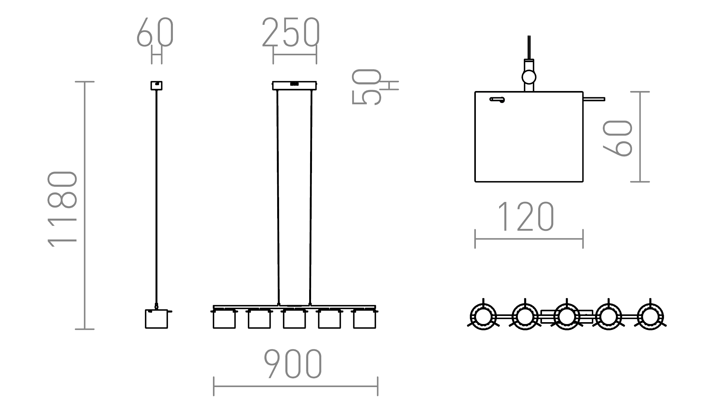 Termék vázlat – LEDRA ESTRA V függőlámpa fehér átlátszó üveg 230V LED 5x5W 3000K