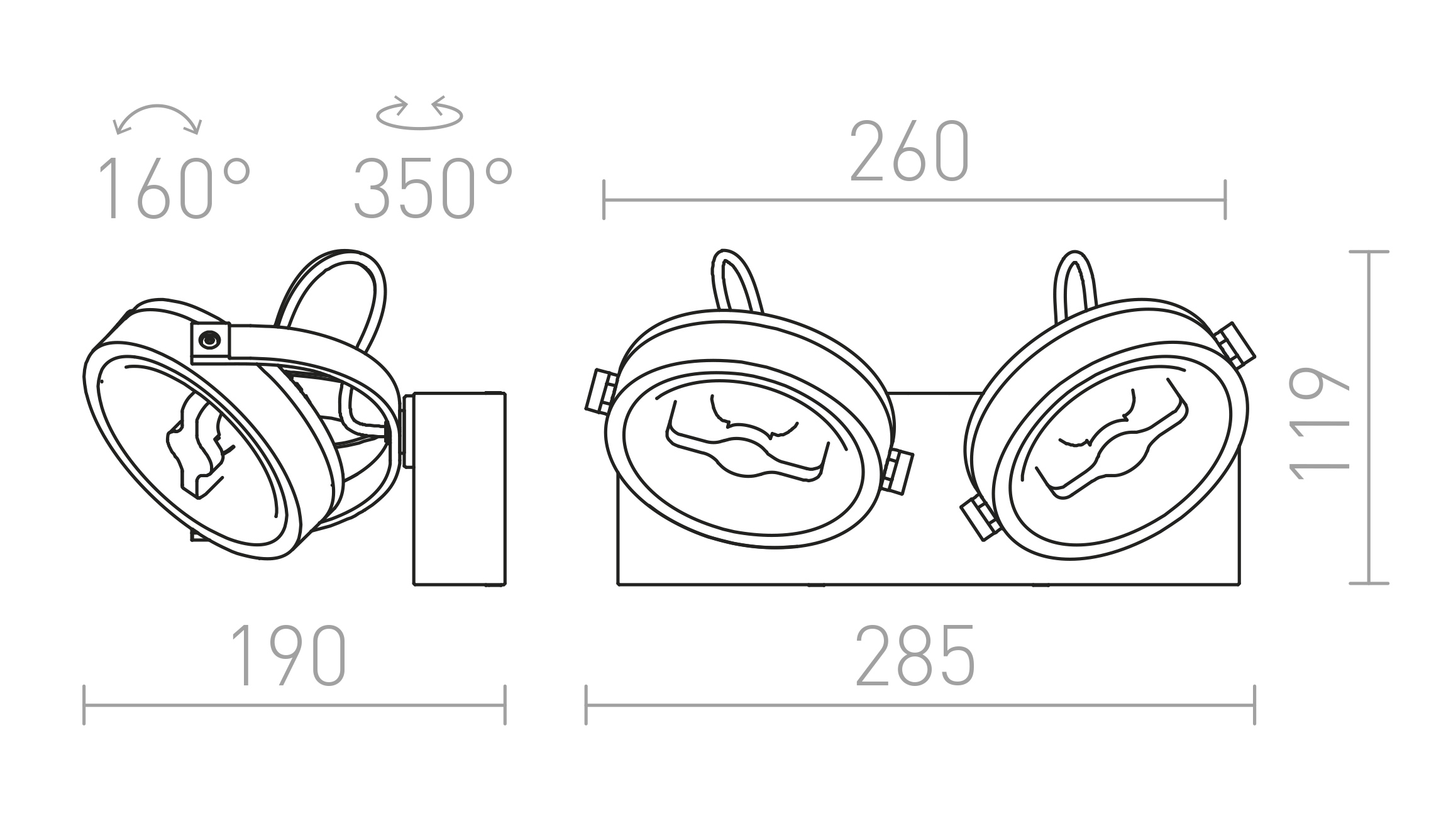 Termék vázlat – LEDRA KELLY LED II DIMM fali lámpa fekete 230V LED 2x12W 24° 3000K