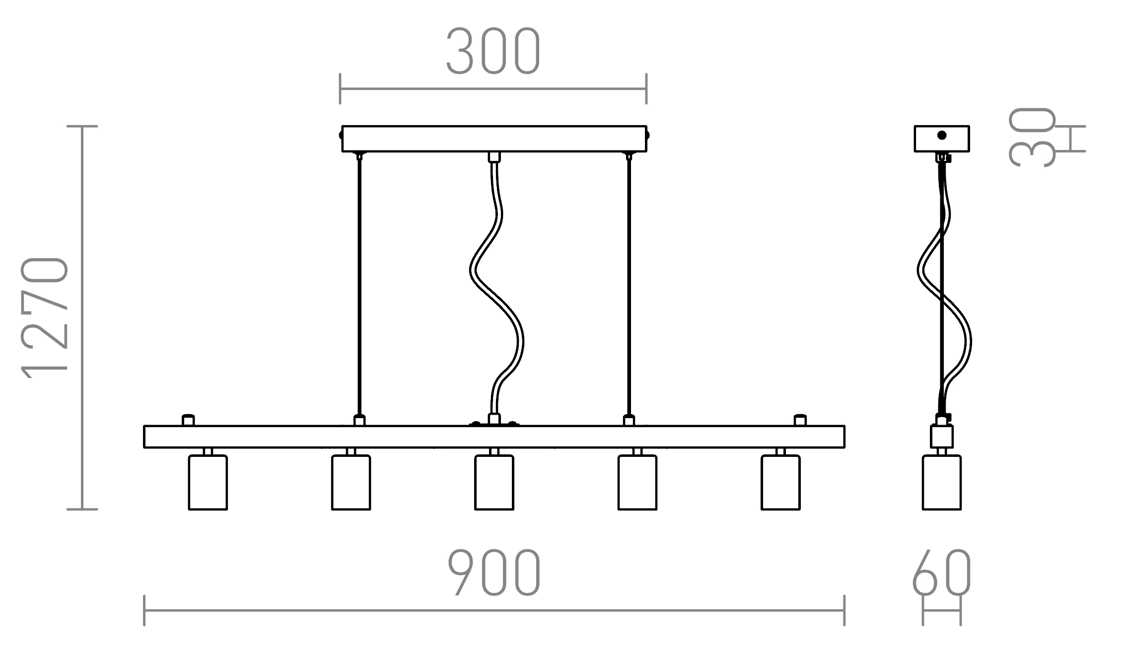 Termék vázlat – LEDRA RALLONG V függeszték alap króm 230V LED E27 5x15W