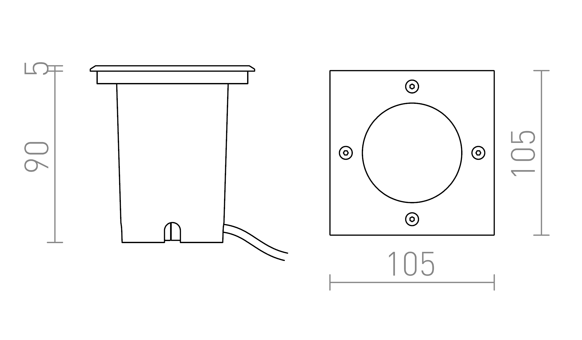 Termék vázlat – LEDRA RIZZ SQ 105 rozsdamentes acél 230V LED 3W 96° IP65 3000K
