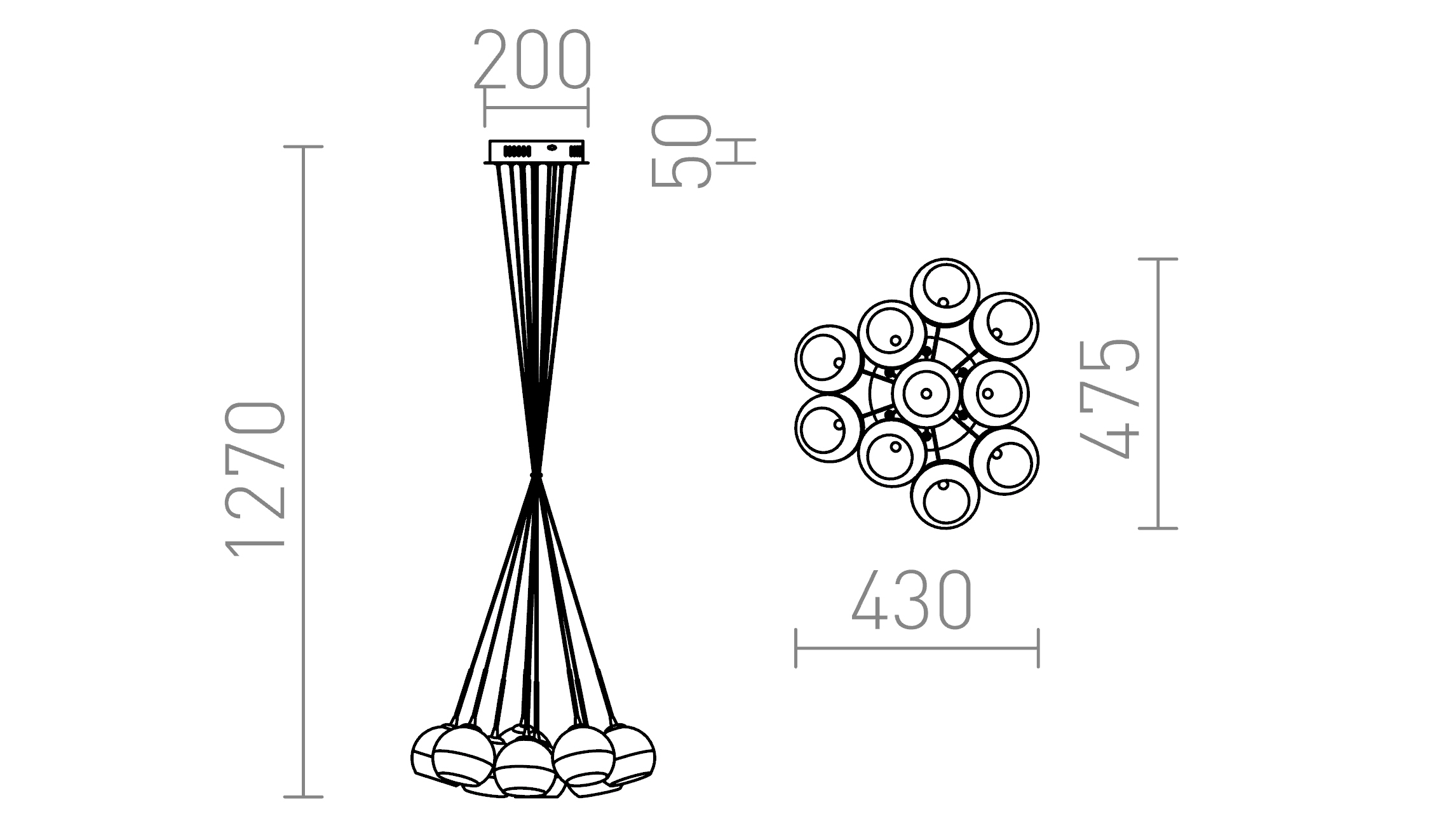 Termék vázlat – LEDRA ASTRAL függőlámpa réz üveg/átlátszó üveg 230V/12V G4 10x20W