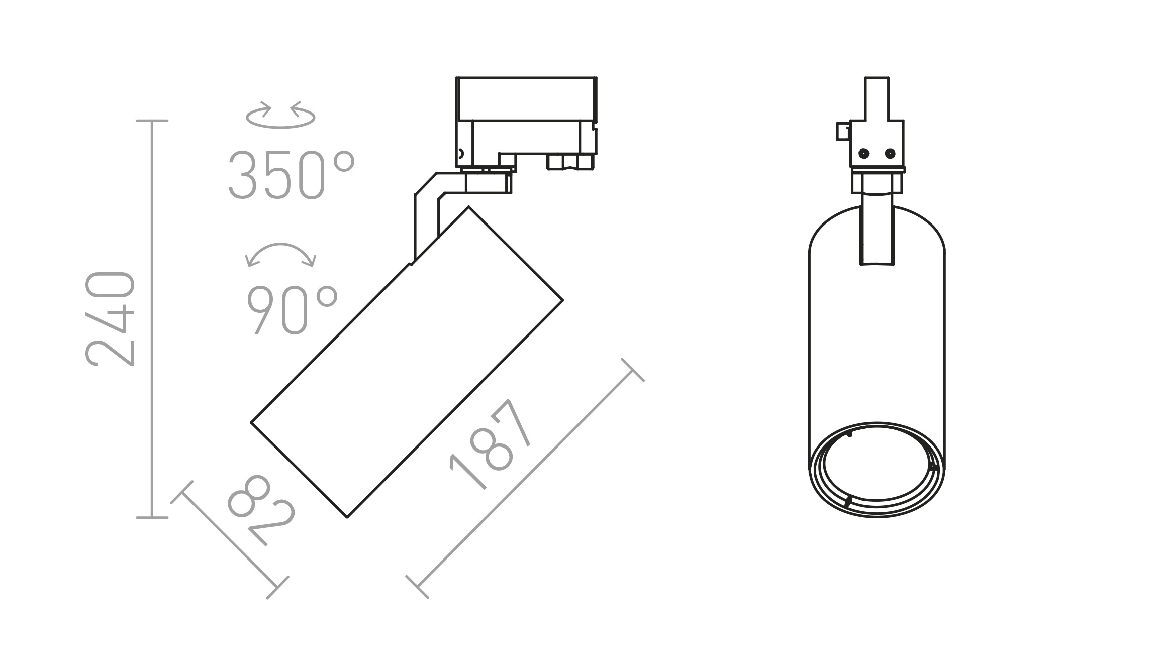 Termék vázlat – LEDRA FANGIO háromáramkörös sínre ezüstszürke 230V LED 25W 36° 3000K