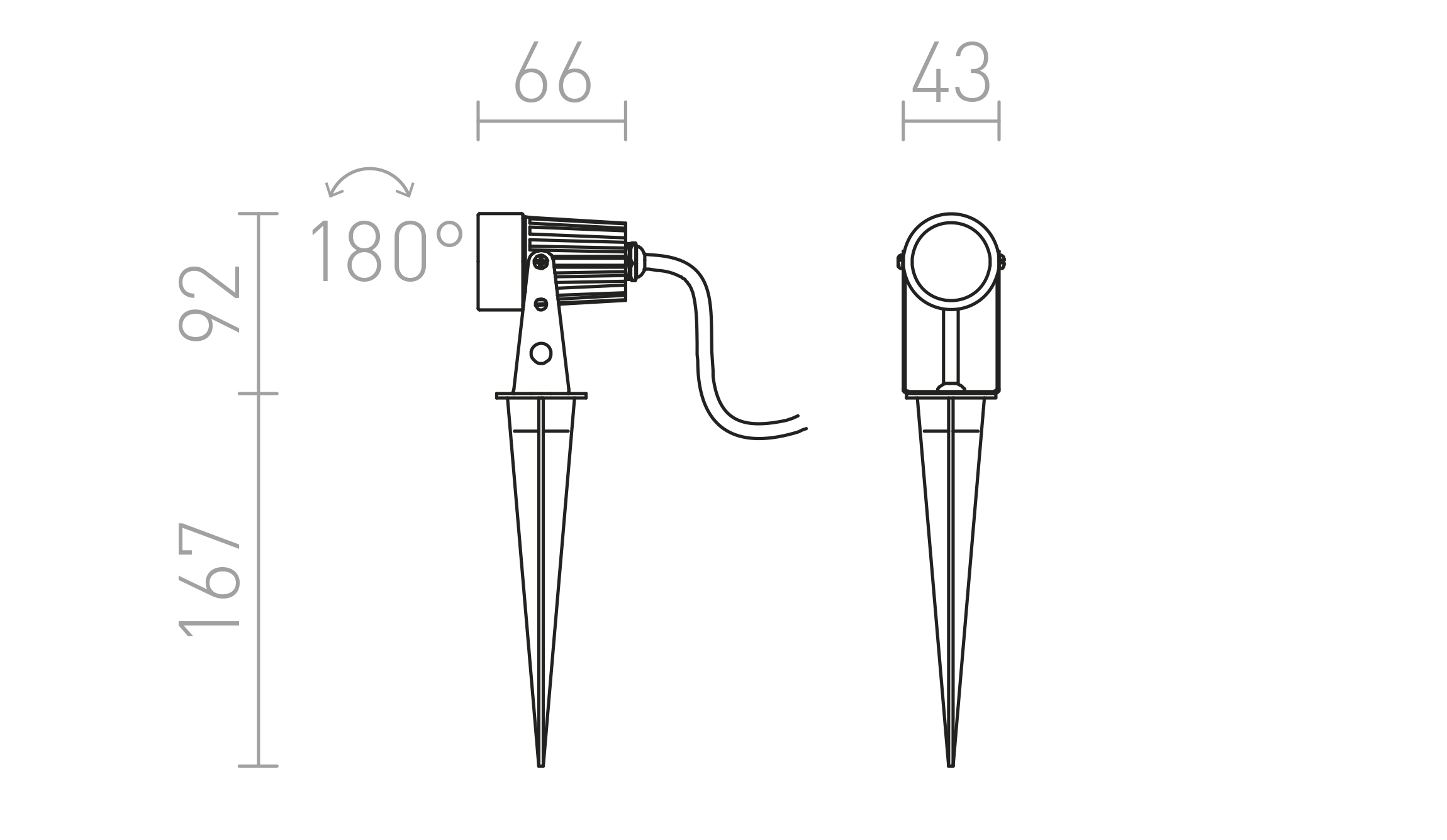 Termék vázlat – LEDRA GUN leszúrható fekete 230V LED 3x1W 30° IP65 3000K