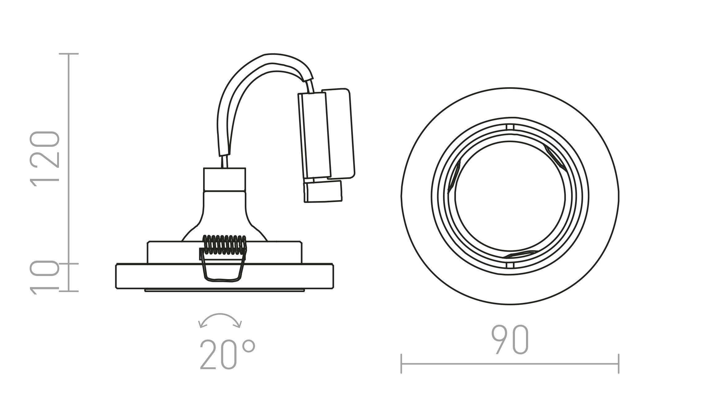 Termék vázlat – LEDRA MIRROLA R süllyesztett, dönthető tükör/átlátszó üveg 230V GU10 50W
