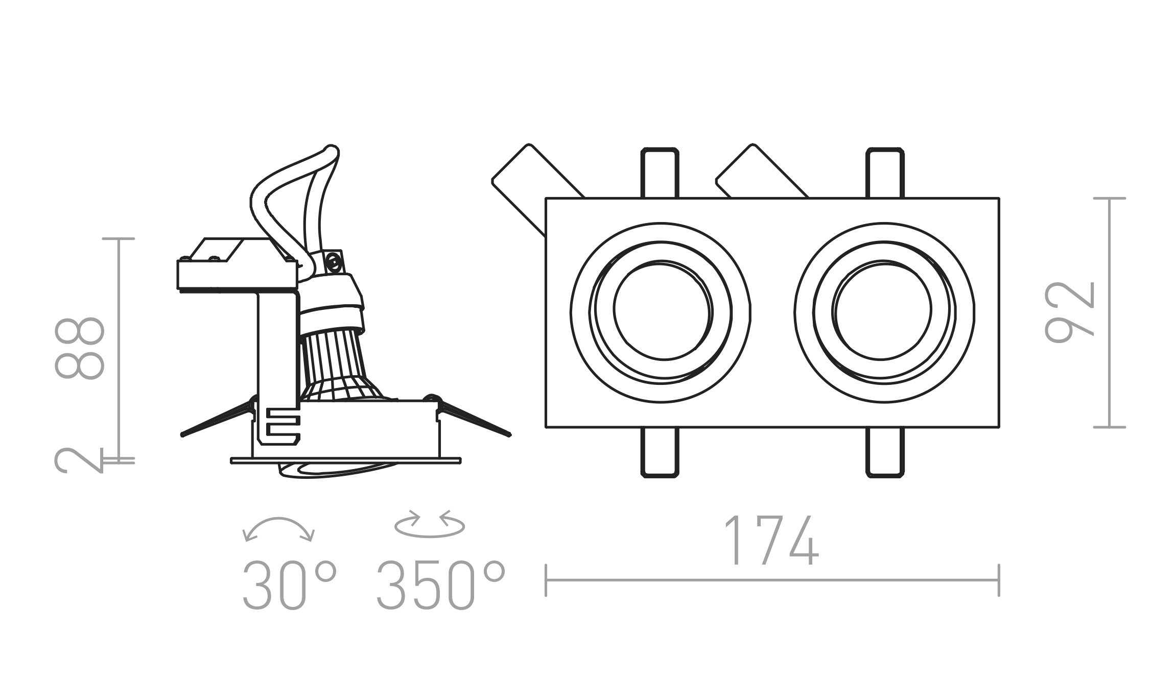 Termék vázlat – LEDRA PASADENA GU10 SQ II süllyesztett lámpa szálcsiszolt alumínium 230V LED GU10 2x7W