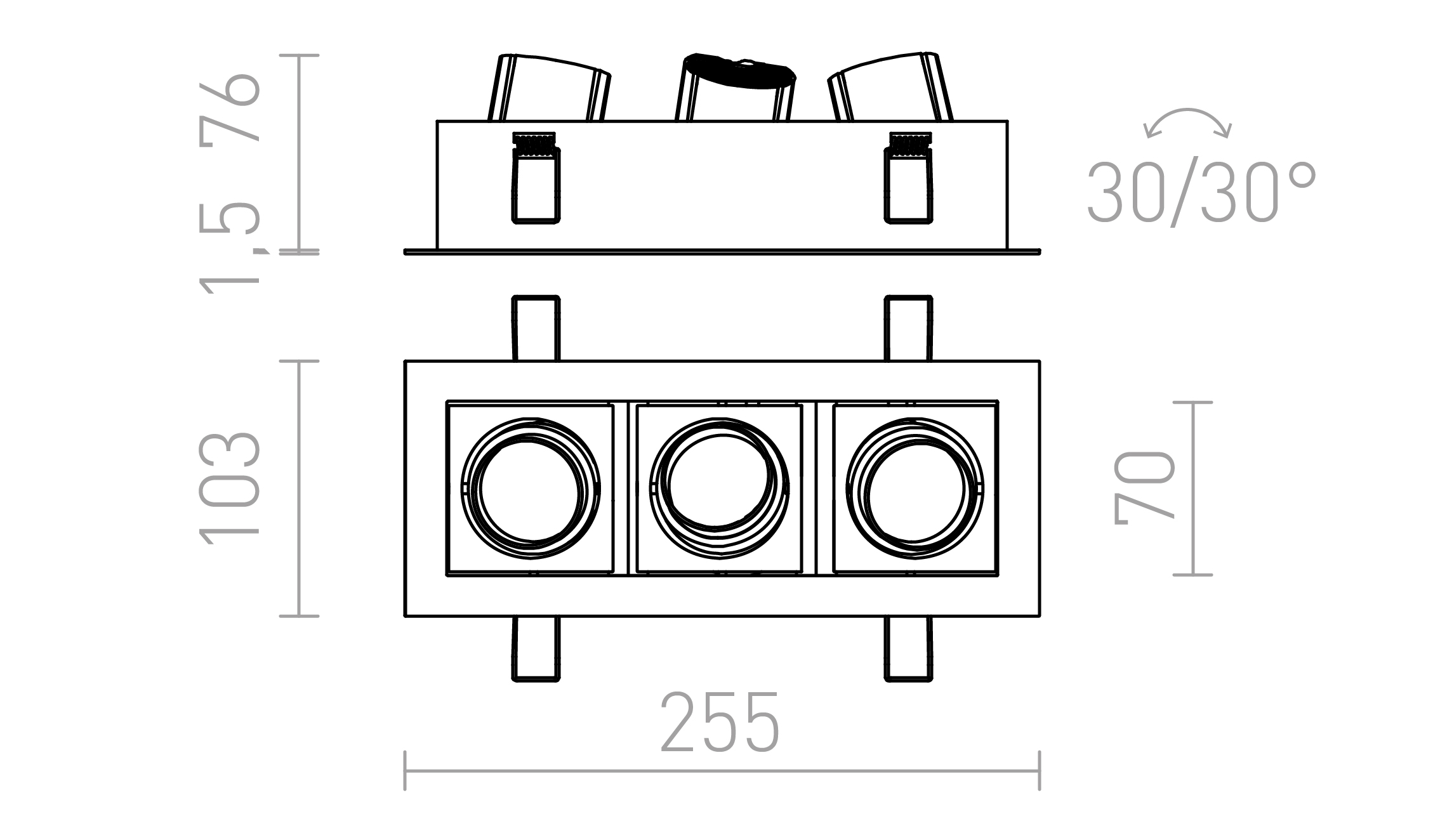 Termék vázlat – LEDRA BONDY III süllyesztett lámpa fehér 230V LED 3x7W 24° 3000K