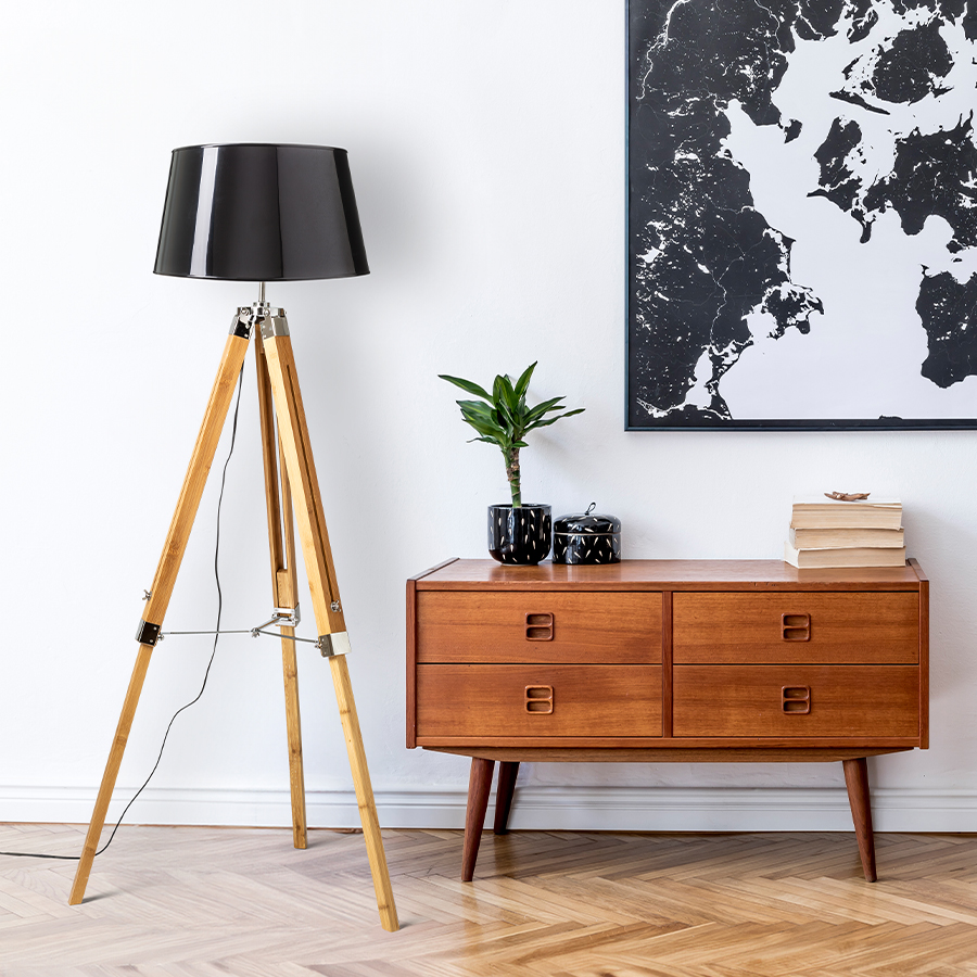 RENDL ALVIS/RIDICK stojanová lesklá čierna zlatá fólia/bambus/chróm 230V LED E27 15W